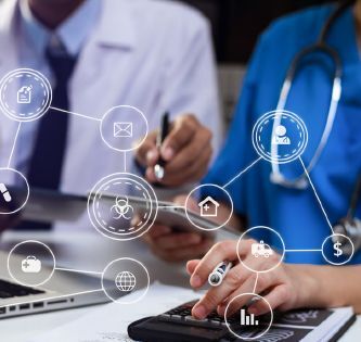 connected icons over a blurred background of people in the medical field