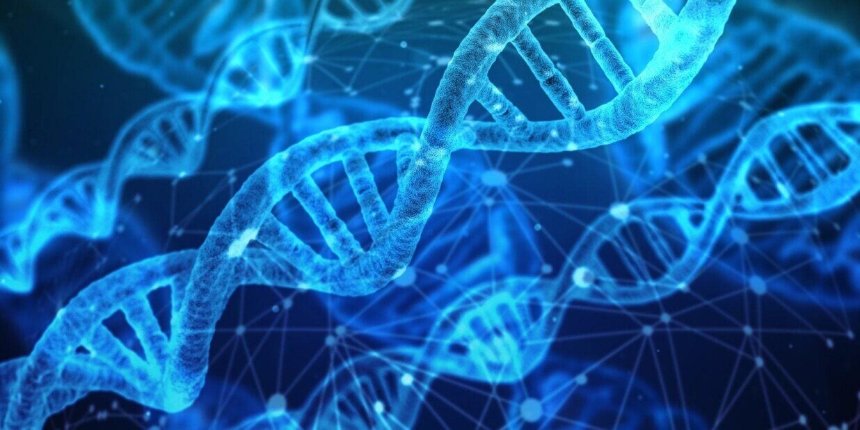 Strands of DNA in various shades of blue with an overlay of semi-transparent data points