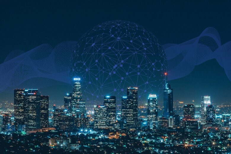 graphic of global data points rising over a city skyline