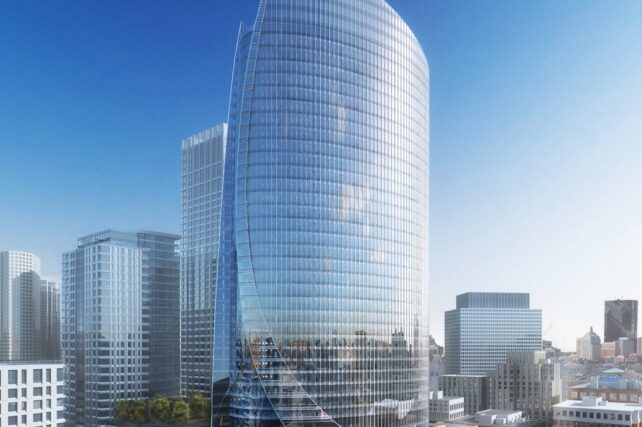 curved glass skyscraper in a city skyline