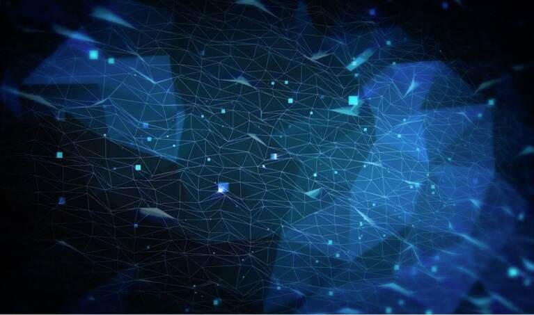 network of data points connected in a web over a blue geometric background