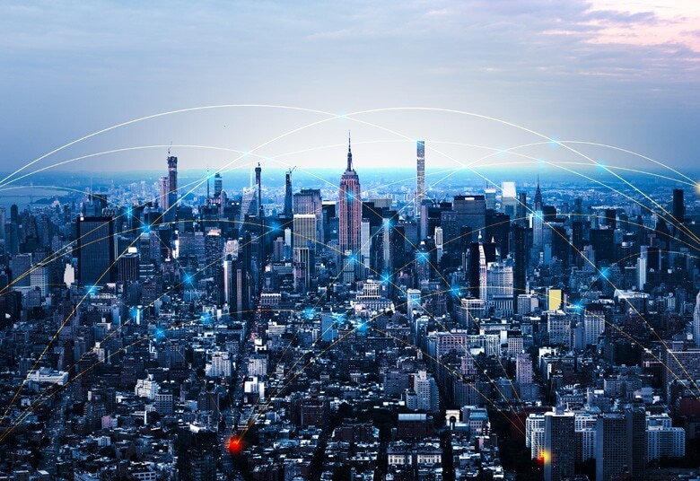 network of data points over the New York City skyline