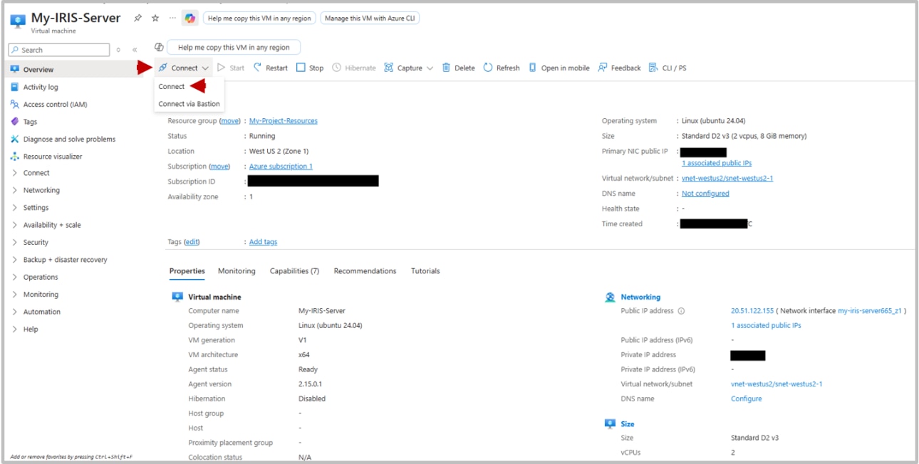 Screenshot showing the dashboard for your azure virtual machine