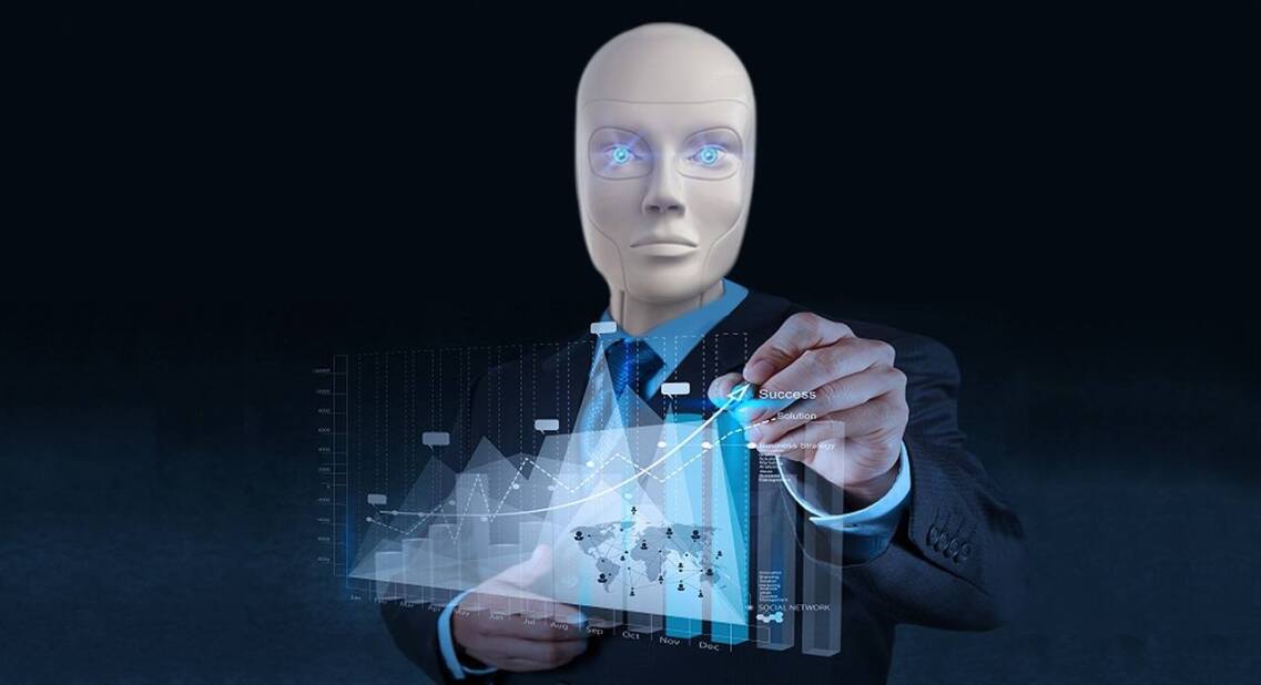 half-man, half-robot drawing on a hologram of a complex graph