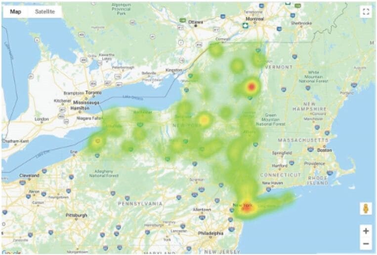 map of New York state and the northeastern United States