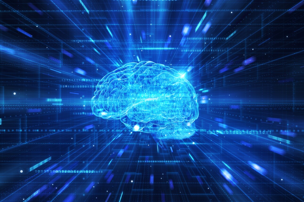 Abstract image of AI brain in technology tunnel.