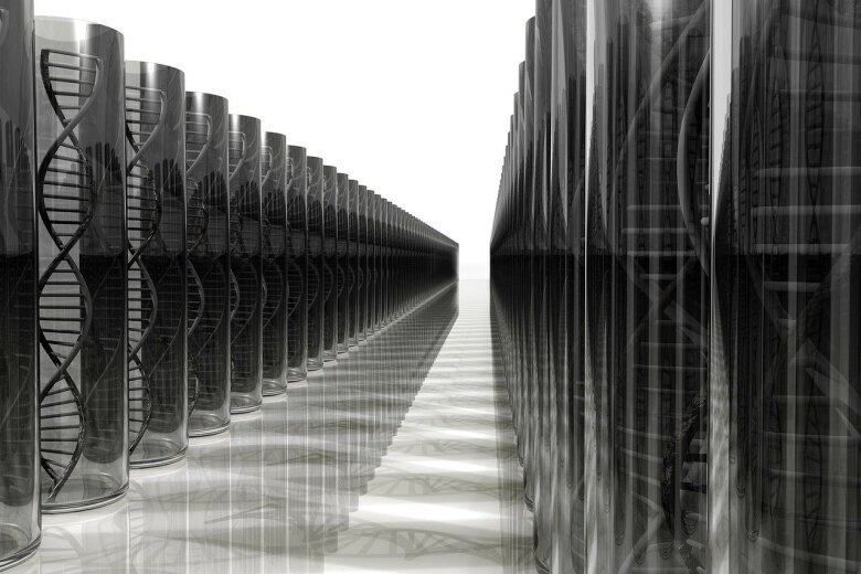 rows of DNA helixes in cylinder containers