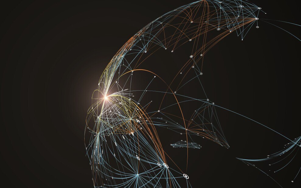 Dotted lines connected to the abstract graphics, network connections.