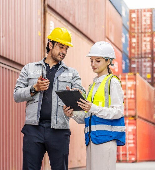 Professional logistics managers in hardhats inspecting shipping containers