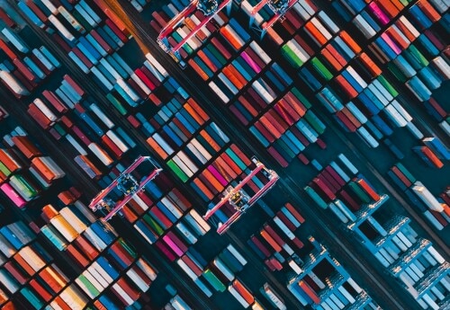overhead view of shipping container dock
