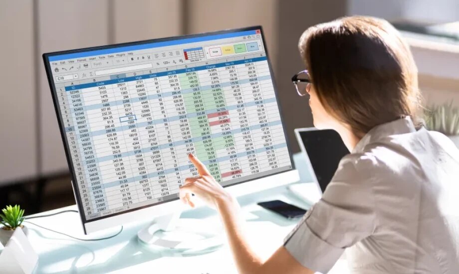 An individual reviews financial data and performance metrics displayed on a computer monitor. Tabular data, calculations, and highlighted values support analysis, reporting, risk assessment, and data-driven decision-making in financial services operations.