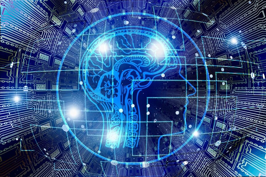 multi-layer graphic of a circuit board, the human brain and data points, depicting artificial intelligence