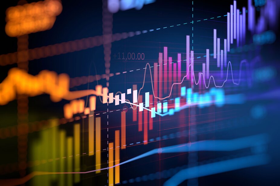 Various data graphs in bright colors displayed on a screen