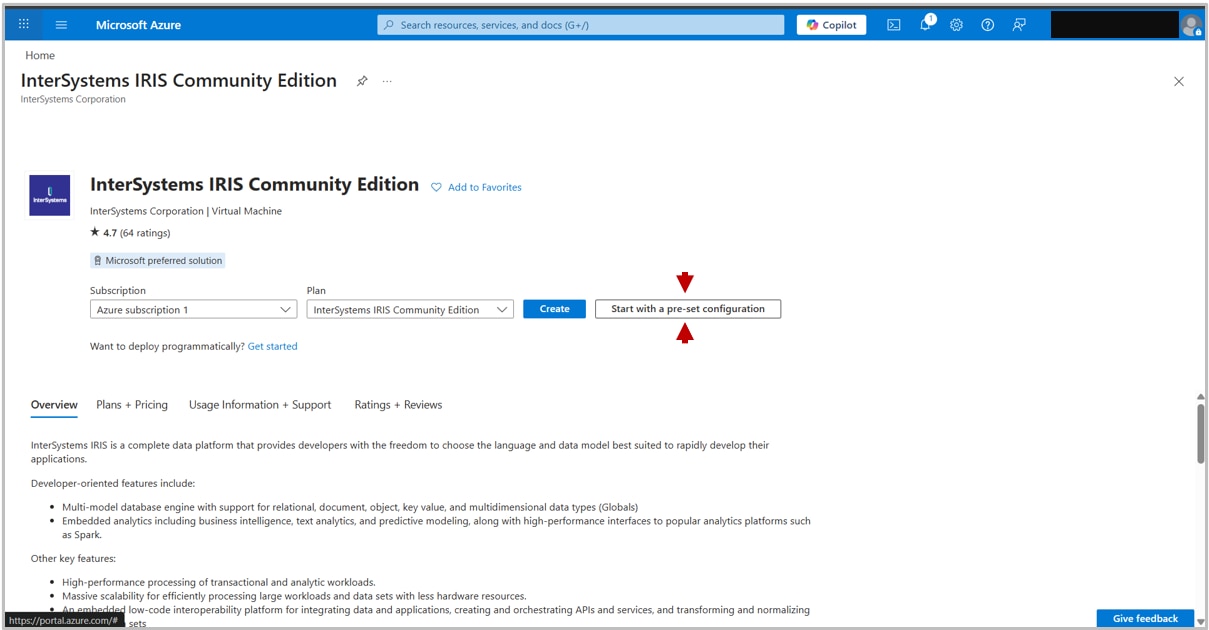Screenshot of InterSystems IRIS page on Azure Portal