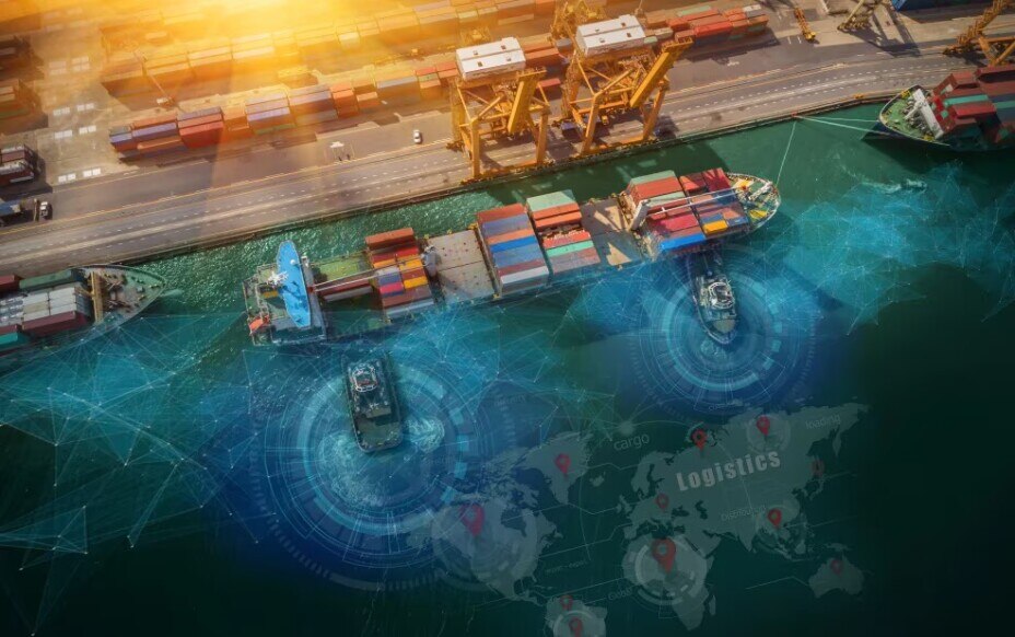 Abstract visualization of AI-powered data exchange across global supply chains, showing interconnected data flows between companies, systems, and partners enabling AI-driven decision-making and coordination.
