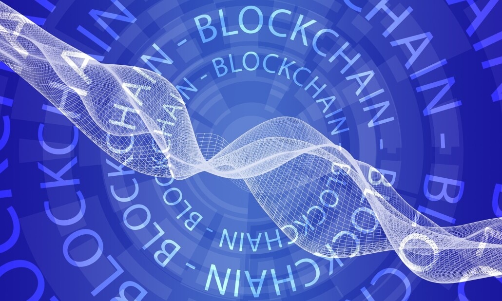 the word blockchain repeating in circles over a blue background