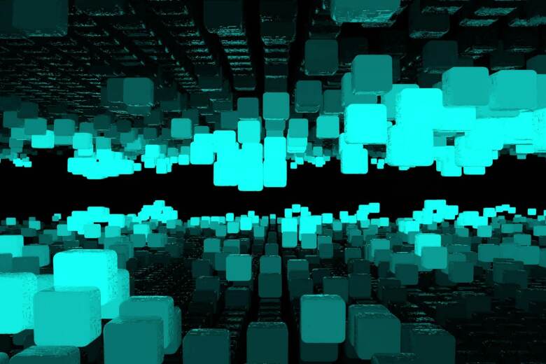 layers of teal geometric cubes floating in black space
