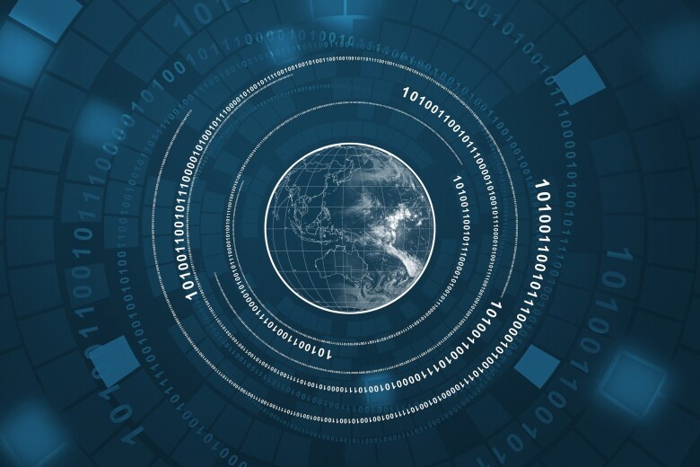 a spiral of geometric shapes and binary numbers around the earth