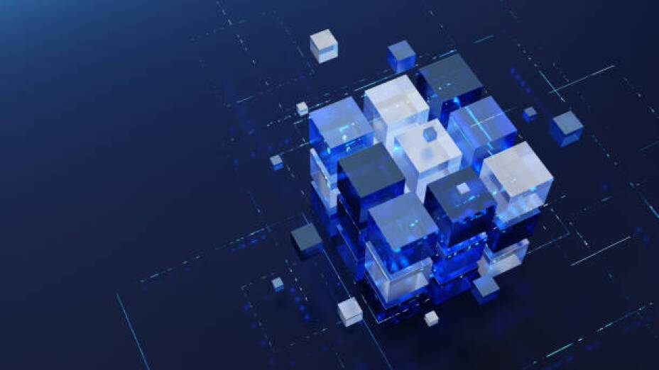 Digital technology symbol. Futuristic cube formation, abstract 3d cubic structure. 3D render.