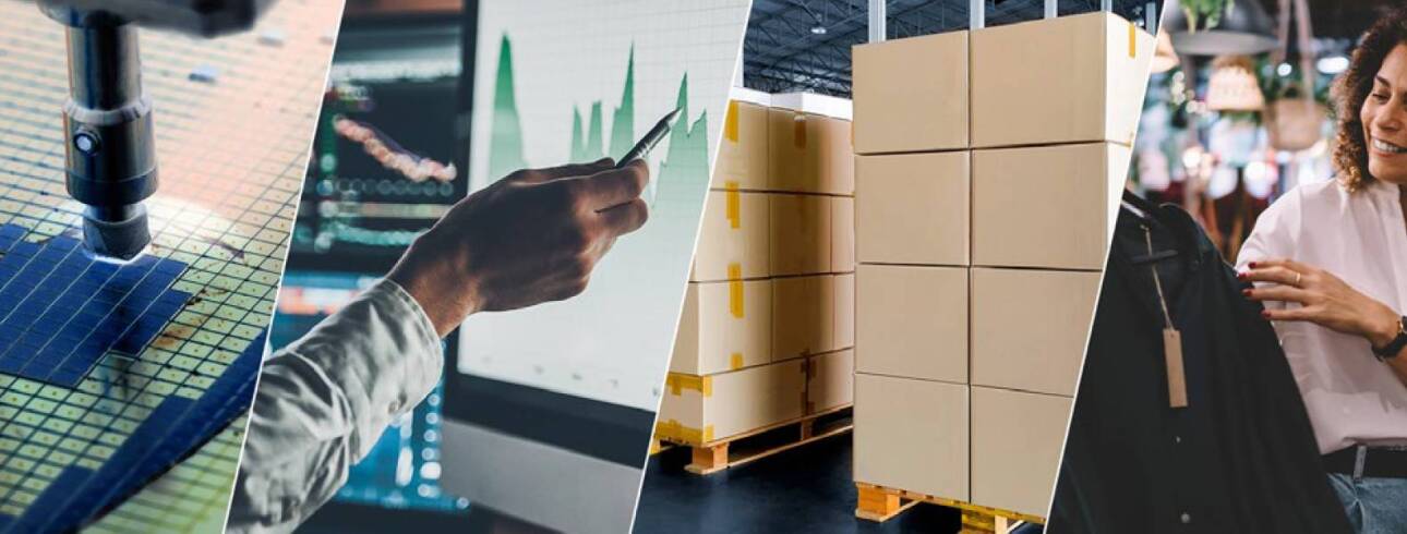 four panels showing the steps in a supply chain