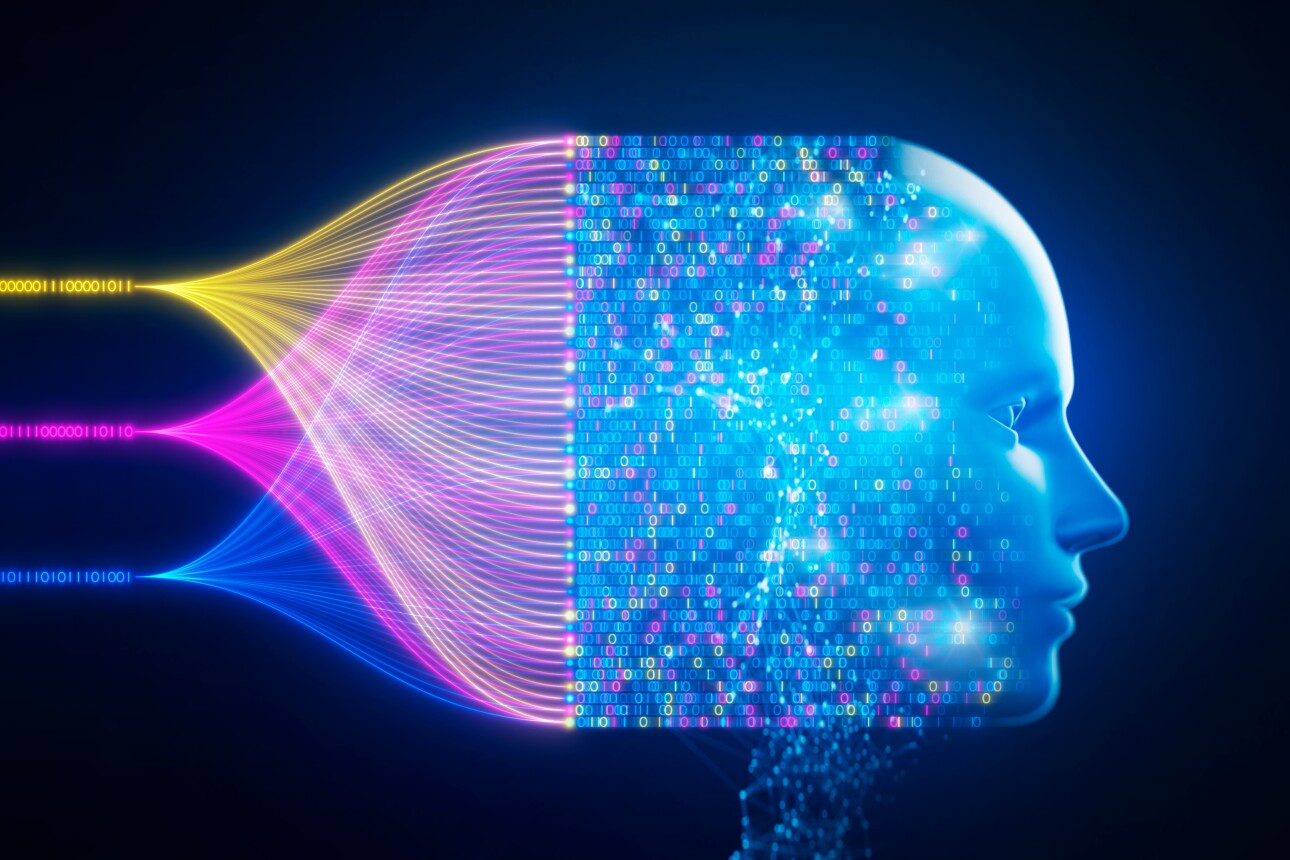 Abstract technology image of AI robot installing binary data from node stream of dynamic array.