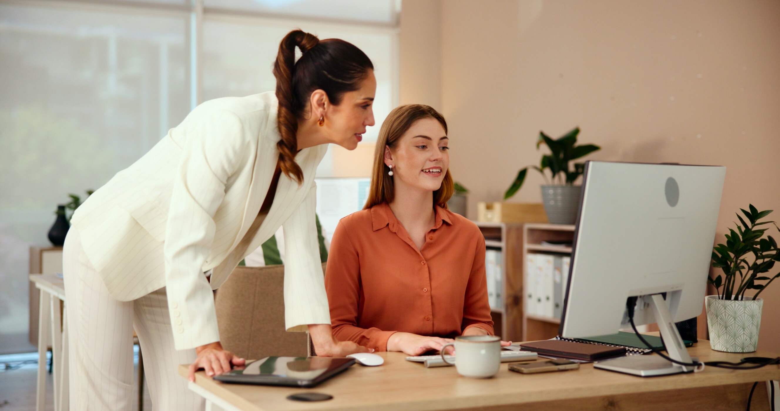 Business Woman and Mentor with computer in office