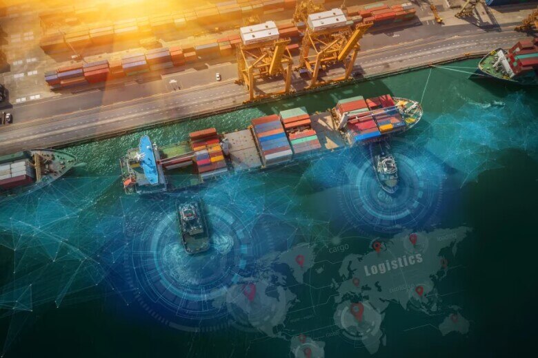 Abstract visualization of AI-powered data exchange across global supply chains, showing interconnected data flows between companies, systems, and partners enabling AI-driven decision-making and coordination.