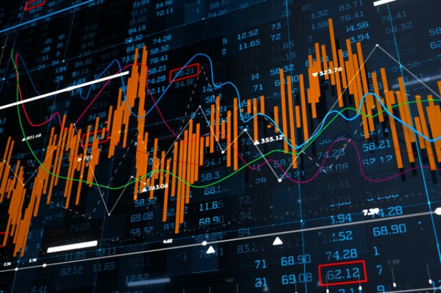 various bar and line graphs layered over tables of financial data