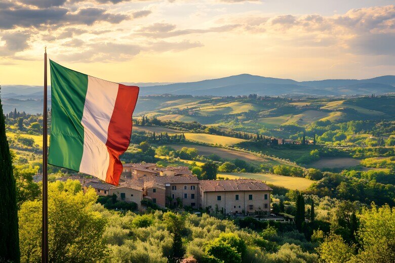 Waving Italian Flag Over Picturesque Tuscan Countryside Landscape - Illustrating the Charm and Beauty of the Scenic Rural Region