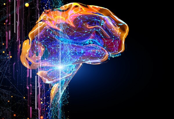 graphic of a human brain illuminated in bright colors