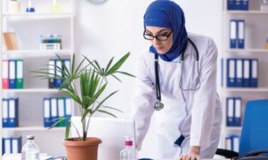 female doctor wearing blue hajib and looking at computer